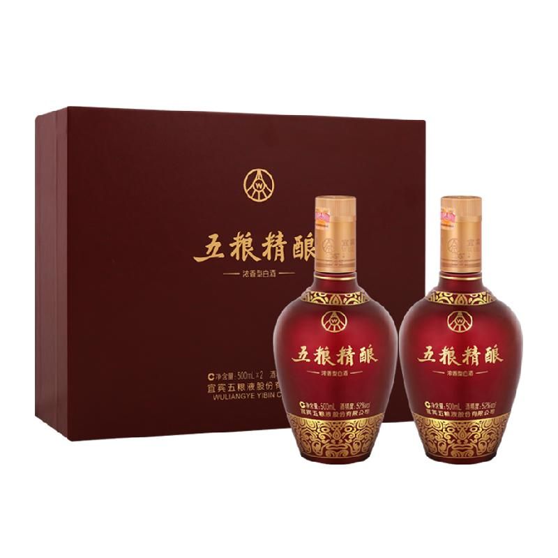 天猫 五粮液五粮精酿中国红皮质礼盒浓香型白酒 五粮精酿中国红52度500ml礼盒 .