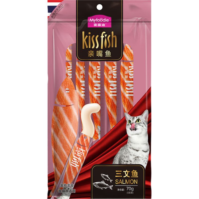 京东直供 麦富迪猫条 猫咪零食亲嘴鱼猫条成幼猫补水发腮三文鱼14g*5支