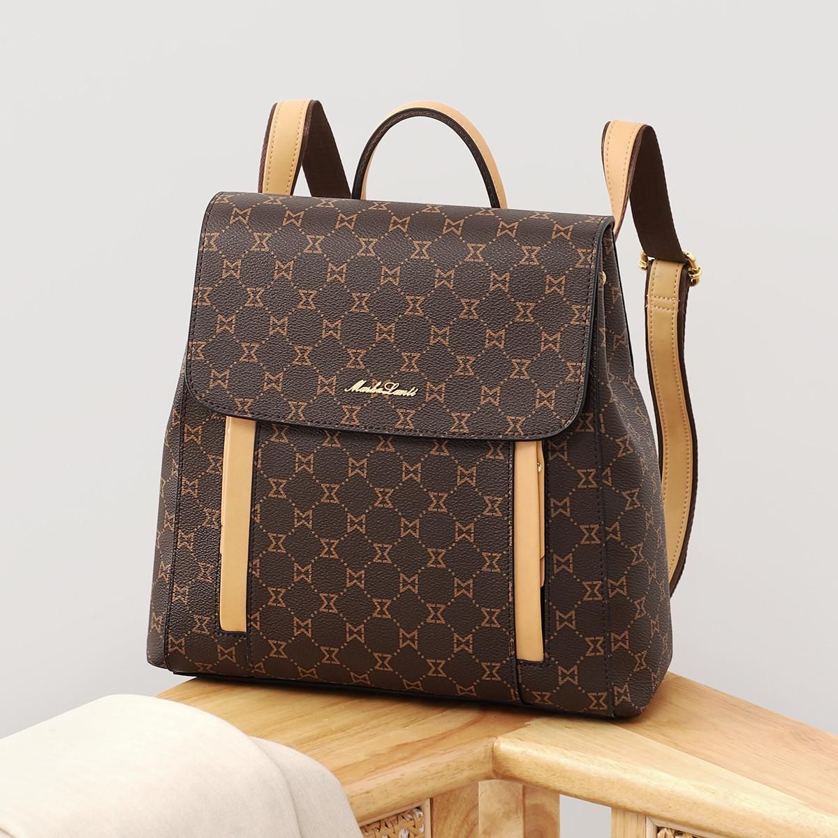 马莎兰缇 复古撞色大容量背包书包女士双肩包 深棕配杏 28cmX9cmX27cm