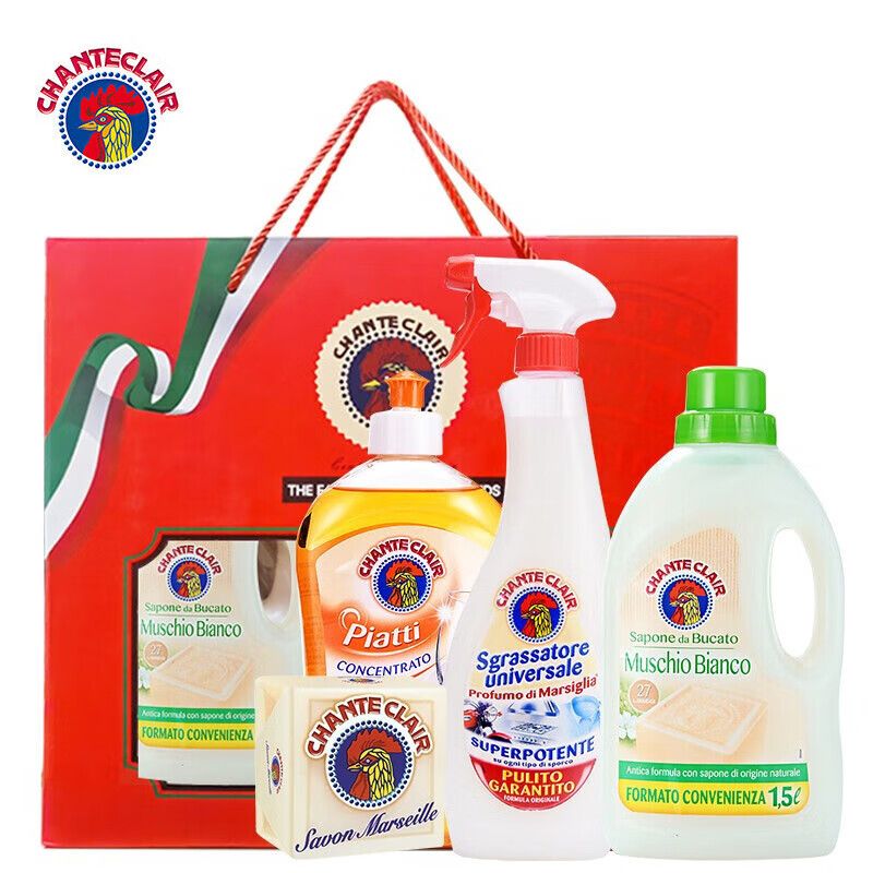 京东直供 大公鸡管家衣物清洁洗护用品多功能清洁剂洗衣液家庭清洁 红色礼盒装 4件套