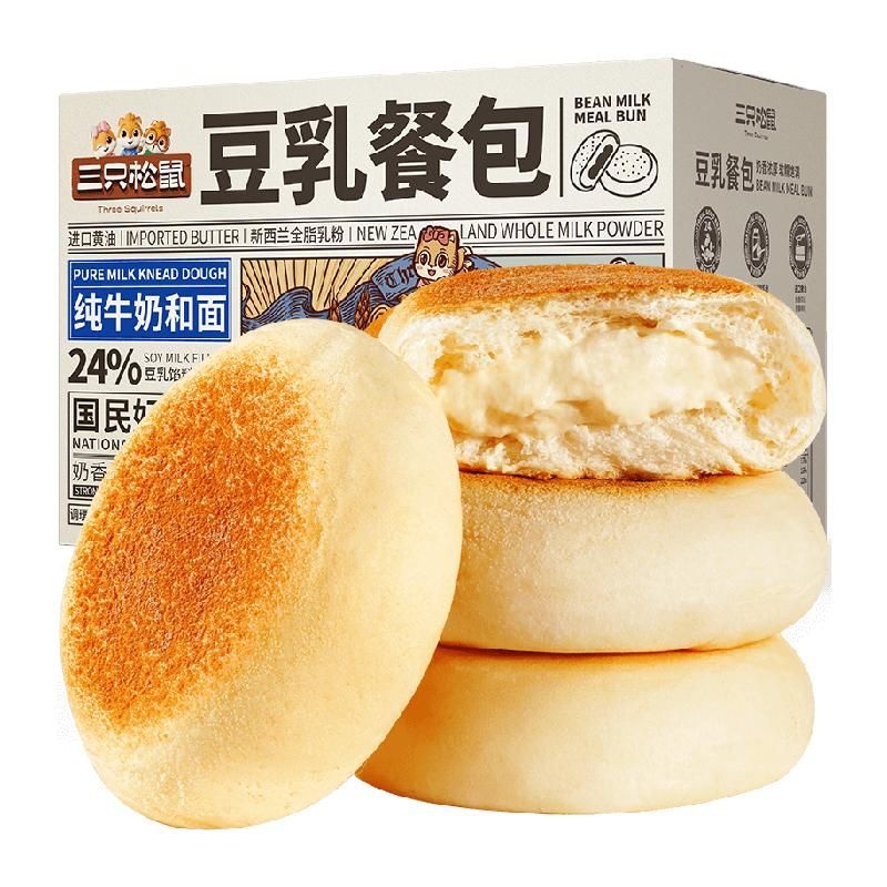 天猫 三只松鼠豆乳餐包360gX1箱糕点早餐营养点心面包美食休闲小零食 360g/箱约8包_纯牛乳添加量≥18%；1件 .