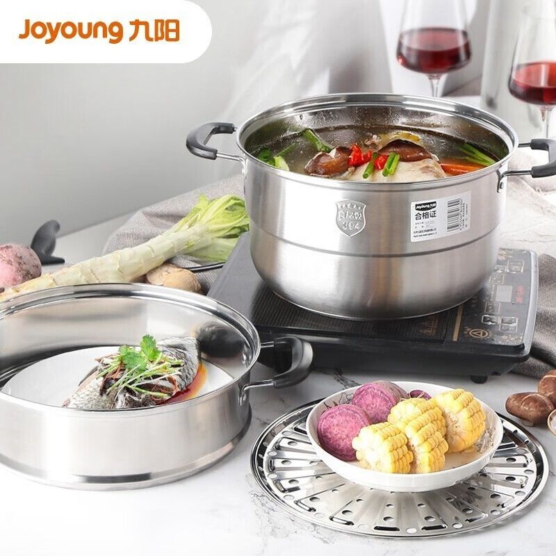 九阳 蒸锅家用不锈钢26cm双层复底可视锅盖蒸笼汤锅炉灶通用 ZGB2605 积分兑换