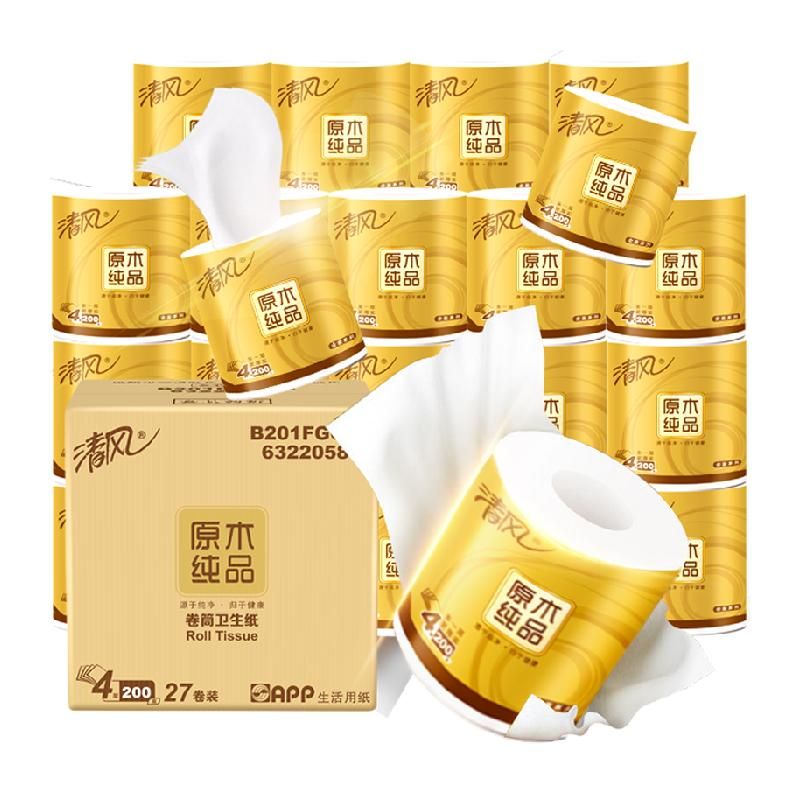 天猫 清风卷纸原木金装有芯卷纸4层200克27卷手纸厕纸家用实惠整箱装 1件 .