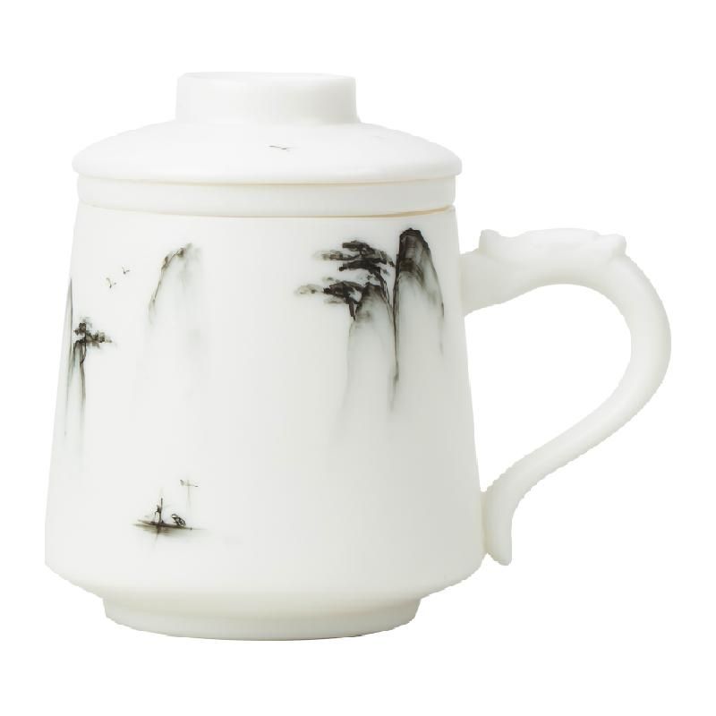 天猫 金镶玉羊脂玉白瓷办公杯素烧手绘山水茶杯大容量高档水杯 羊脂玉山涧轻舟办公杯；400mL(不含)-600mL(含) .